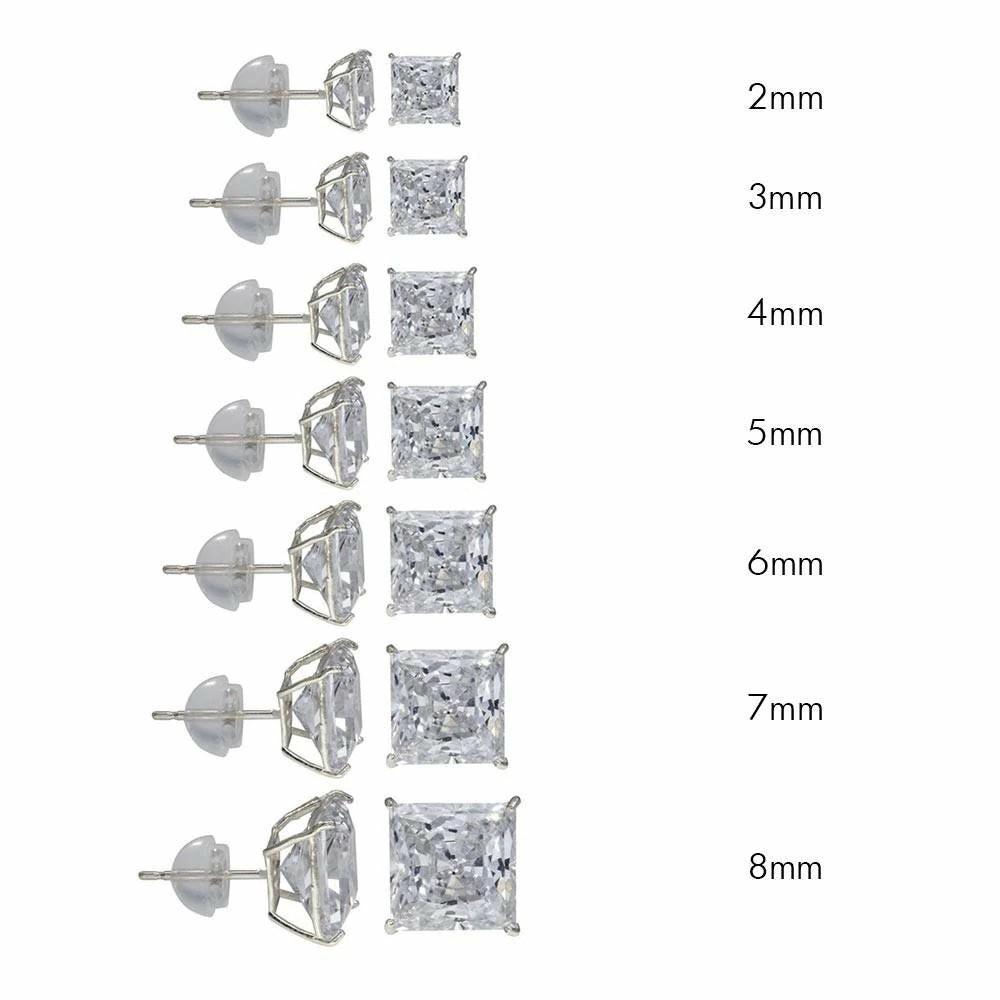Earrings | 14K White Gold Stud Earrings Princess Silicone 2.5ct Cubic Zirconia CZ