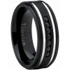 Mens Rings | Men's Black Titanium Ring Wedding Band With Two Grooves and 7 Black Round Cut Cubic Zirconia CZ